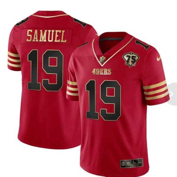 Men%27s San Francisco 49ers #19 Deebo Samuel Red With 75th Anniversary Patch Stitched Football Jersey Dzhi